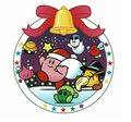 Kirby as Santa celebrating Christmas with enemies, with some that do not appear in the game