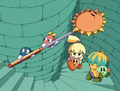 The kids escape up the stairwell with the Sun staff