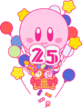 Kirby and friends dropping candies from a hot air balloon for Kirby's 25th Anniversary, featuring an Invincible Candy