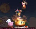 Cook Kirby tossing fighters and food out of his cauldron in Super Smash Bros. Brawl
