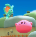 Kirby and Elfilin hovering in Kirby and the Forgotten Land