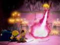 Fire Kirby torches Gabon, inadvertently lighting the mansion on fire in the process.