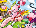 Three Kirbys riding the Dragoon in Find Kirby!! Big Gathering at the Party! (Air Ride Race)