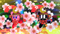 Chapter 5 credits picture from Kirby Fighters 2, featuring Ninja Kirby and Shadow Kirby both using Blossom Storm and wearing Samurai Helmets