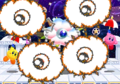 Kracko blocking the view of two Parasol Kirbys with his own Keychains in Bubbly Clouds
