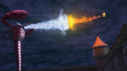 Fire Kirby dueling with Lobzilla in Kirby 3D