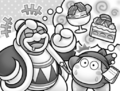 Illustration of Bandana Waddle Dee being horrified from Dedede's food ideas from Kirby: Uproar at the Kirby Café?!.