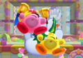Credits picture of Beetle and Bell Kirby being smashed into the screen by a Springy Hand, from Kirby Fighters Deluxe