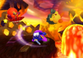 Kirby Fighters Deluxe credits picture, featuring Parasol, Ninja, and Bell Kirby fighting on Haldera Volcano