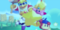 Main Mode credits picture from Kirby's Return to Dream Land, featuring the four friends riding on a Warp Star