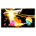 Story Mode credits picture from Kirby Star Allies, featuring Kirby obtaining Sizzle Sword from Burning Leo
