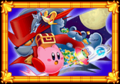 Kirby carrying a Treasure Chest while running away from the Squeaks