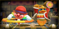 Credits picture from Dededetour! in Kirby: Triple Deluxe, featuring King Dedede dancing magnificently next to a Clown Acrobot