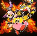 Artwork from HAL Laboratory showing Wrestler Kirby and Bandana Waddle Dee challenging King Dedede & Meta Knight