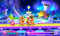 Kirby battling Team DDD in the Fountain of Dreams stage in Kirby Fighters Deluxe