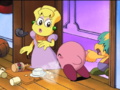 Kirby snatches the snacks Lady Like dropped in shock as Tuff escapes his mother.