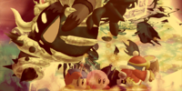 Extra Mode credits picture from Kirby's Return to Dream Land, featuring Kirby and co. guarding against Magolor Soul