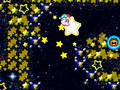 Kirby rides a star through a tunnel made of stars with yet more stars in the background.