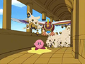 Kirby flies hastily to the castle throne room.