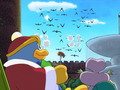 King Dedede and Escargoon harass the returning crows with cannon blasts.