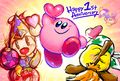 Kirby Star Allies 1st anniversary illustration from the Kirby JP Twitter, featuring a Poppy Bros. Jr. balancing on a Maxim Tomato