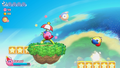 Kirby carefully crosses the fragile Star Block bridges high in the sky.