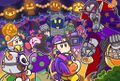 Halloween 2019 illustration from the Kirby JP Twitter, featuring a Booler in the background