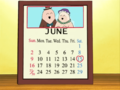 A calendar displaying an image of Hana and Mayor Len when they had their wedding, 40 years prior to the events of the anime