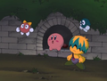 Tuff and Fololo & Falala try to encourage Kirby to fight back.