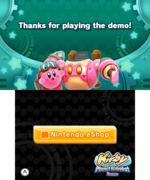Downloadable demo completion screen, suggesting that the player visit the Nintendo eShop to purchase the full game