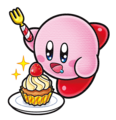 Obi illustration for the novel Kirby: Full Stomach, Perfect Circle, Dream Buffet!, where Kirby holds the Dream Fork