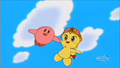 Kirby and the princess fly through the air together.