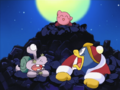 King Dedede and Escargoon recoil in horror from Kirby in the castle ruins.