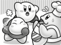 Kirby and Waddle Dee demand information from Kawasaki, in Kirby and the Big Panic in Gloomy Woods!.