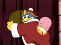 Kirby crawls onto Dedede to try and get his treat back.