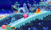 Kirby gets in the way of Waddle Dees skiing on the slopes.