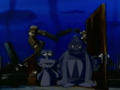King Dedede and Escargoon emerge from the smoldering ruin of the mansion.