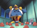 King Dedede enlarges into a monster after he allows the Demon Frog to take possession of him.