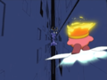 Kirby chasing after eNeMeE in the long halls of the fortress interior