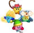 Four Kirbys, each with a unique Copy Ability