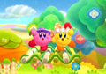 Credits picture of Archer and Beam Kirby posing together in Flower Land from Kirby Fighters Deluxe