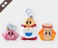 Kirby, Waddle Dee and Chef Kawasaki ceramic ornaments. Customers can choose one of them by buying certain dishes at Kirby Café Hakata in 2020.