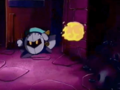 Meta Knight tosses Kirby a torch to swallow.