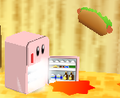 Ice-Spark Kirby producing a hot dog in Kirby 64: The Crystal Shards