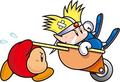 Artwork of an injured Knuckle Joe being carried on a wheelbarrow by a Waddle Dee, from the Super Famicom version of Kirby's Star Stacker