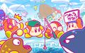 Illustration from the Kirby JP Twitter featuring Squibby falling out of a bucket on the left