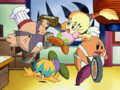 Shiitake is attacked by Tiff, Tuff, and Chef Kawasaki, as they believe him to be Popon in disguise.