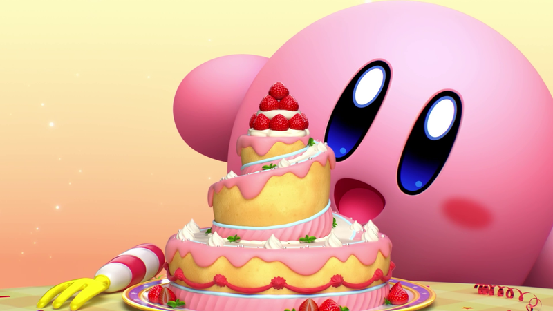 File:KDB Kirby admiring his cake screenshot.png