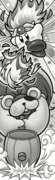 Fire Kirby spews flames onto Storo while he is vulnerable in Kirby Meets the Squeak Squad!