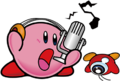 Kirby Super Star artwork of Kirby using Mike on a Waddle Doo